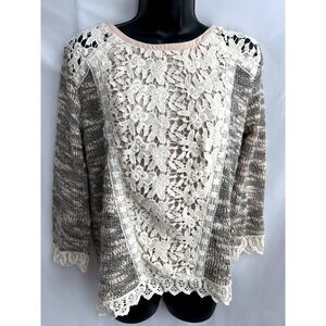 Anthropologie Champagne & Strawberry Emerson Sweater M Cream Crochet Lace Beige